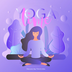 Yoga time banner. The girl is meditating. The girl practices yoga. Vector illustration