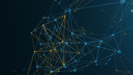 Digital abstract Network of blue and yellow lines and connected dots. 3d render  