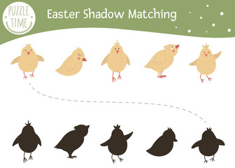 Easter shadow matching activity for children. Preschool Christian holiday puzzle. Cute spring educational riddle. Find the correct chicken silhouette game..