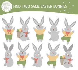 Find two same bunnies. Easter matching activity for preschool children with cute rabbits. Funny spring game for kids. Logical quiz worksheet..