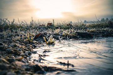 Winter morning landscape at sunrise near a small pond. Cold weather background concept. Frozen...