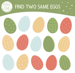 Find two same colored eggs. Easter matching activity for preschool children. Funny spring game for kids. Logical quiz worksheet..
