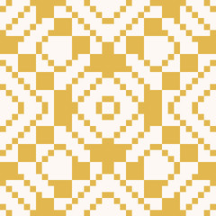 Vector geometric traditional folk ornament. Ethnic tribal seamless pattern. Repeat ornamental background with small squares, crosses, rhombuses. Texture of embroidery, knitting. Yellow and white color