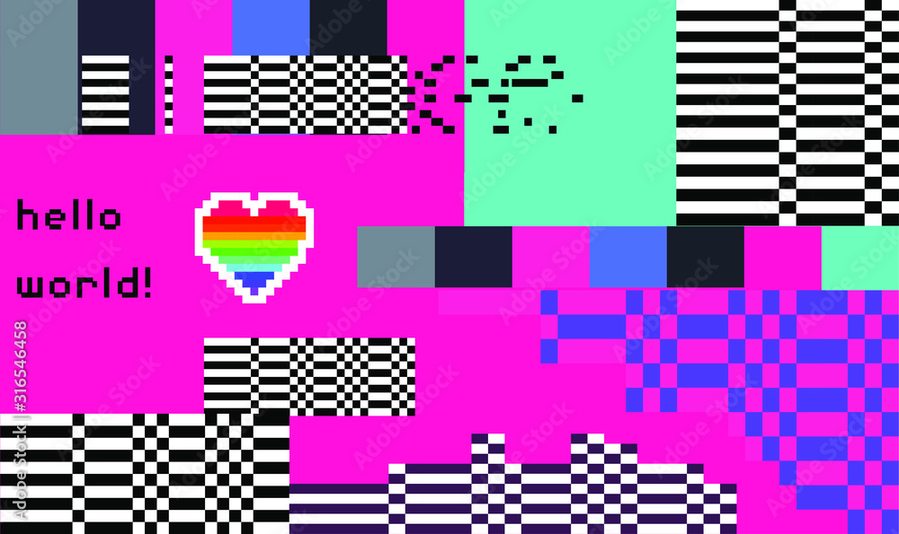 Poster Webpunk style glitched background with VHS artifacts, random pixel noise. Vaporwave and retrowave aesthetics of 80's.