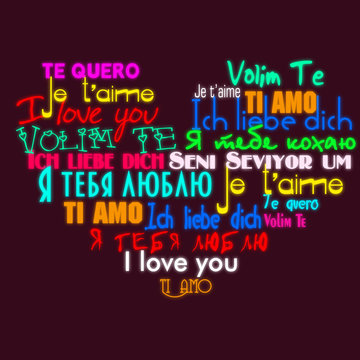 phrases "I love you" in different languages of the world in the shape of a heart, with an imitation of neon