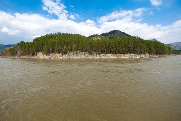 Mountain river flows among the rocks. Siberian landscape. Altai.
