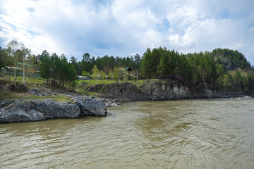 Fototapeta na wymiar Mountain river flows among the rocks. Siberian landscape. Altai.