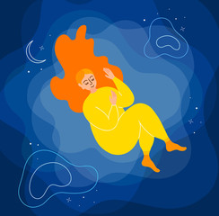 A girl sleeps in space surrounded by the moon and stars. Vector illustration in cartoon style. Character soars in zero gravity. Sweet dreams in the night sky