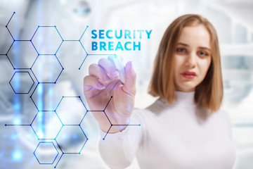 Business, Technology, Internet and network concept. Young businessman working on a virtual screen of the future and sees the inscription: Security breach