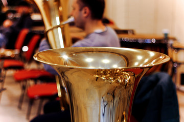 Tuba brass instrument detail .Closeup  detail of tuba brass musical instrument – Image  