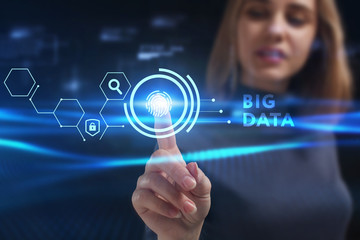 Business, Technology, Internet and network concept. Young businessman working on a virtual screen of the future and sees the inscription: Big data