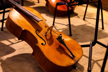 Double bass. String music instrument contrabass in concert hall - obrazy, fototapety, plakaty