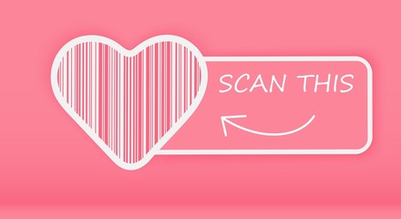 Bar code with a heart in the middle on a pink background. The code contains the phrase I love you . When publishing, consider this.