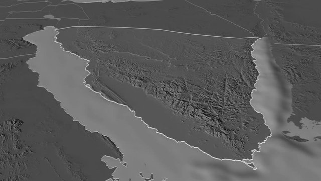 Janub Sina, governorate with its capital, zoomed and extruded on the bilevel map of Egypt in the conformal Stereographic projection. Animation 3D