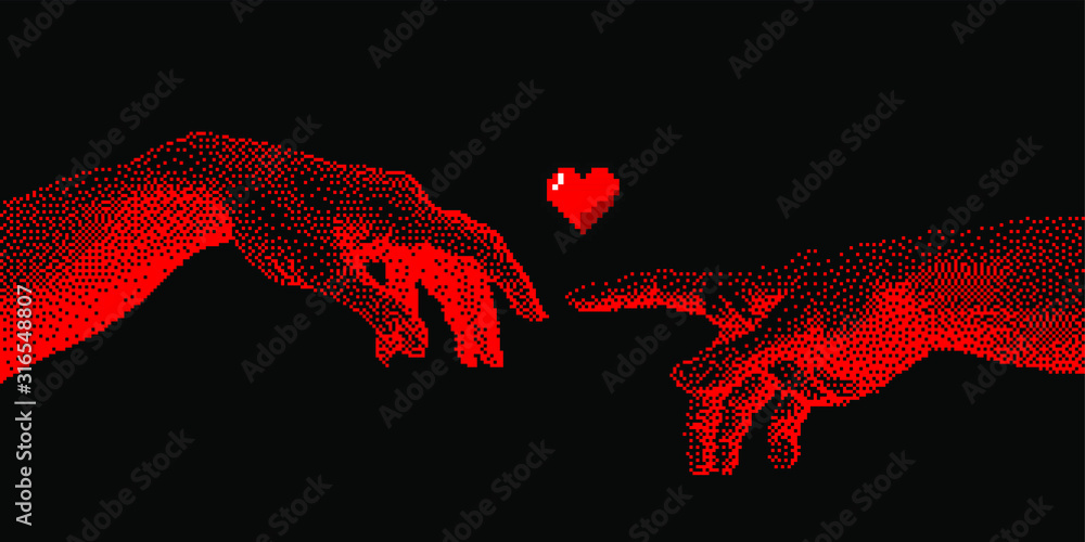 Poster hands going to touch together, look like the michelangelo's art work. cyberpunk 8-bit style art coll