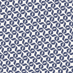 Vector geometric seamless pattern. Abstract repeat texture with diagonal lines, edgy shapes, grid, lattice, net. Simple modern dark blue and white background. Design for decoration, textile, wrapping