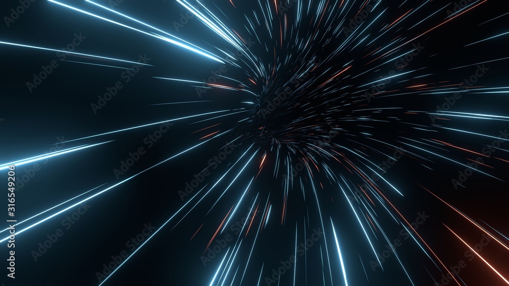 Poster 3d rendering of abstract fast moving stripe lines with glowing sun light flare. high speed motion bl