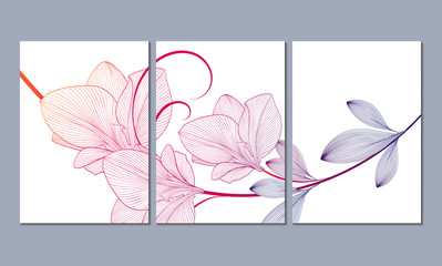 A set of 3 canvases for wall decoration in the living room, office, bedroom, kitchen, office. Home decor of the walls. Floral background with flowers of amaryllis. Element for design. 