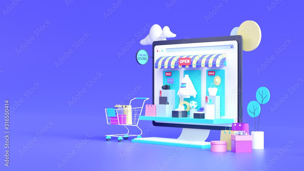 Poster shopping on-line online store on website mobile application 3d rendering
