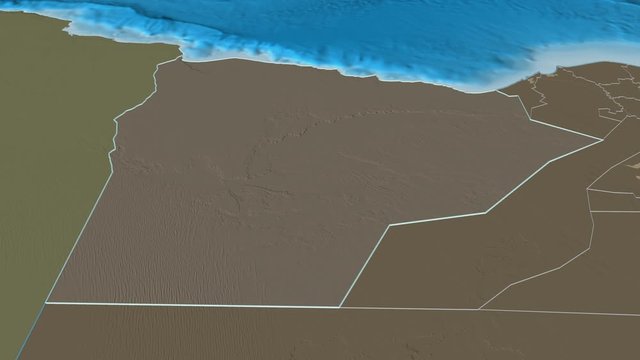 Matrouh, governorate with its capital, zoomed and extruded on the administrative map of Egypt in the conformal Stereographic projection. Animation 3D