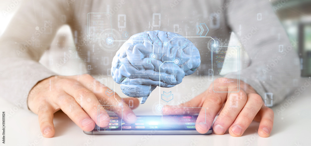Poster businessman holding a intelligence artificial brain with data - 3d rendering