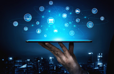 Omni channel technology of online retail business. Multichannel marketing on social media network platform offer service of internet payment channel, online retail shopping and omni digital app.