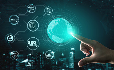 SEO - Search Engine Optimization for Online Marketing Concept. Modern graphic interface showing...