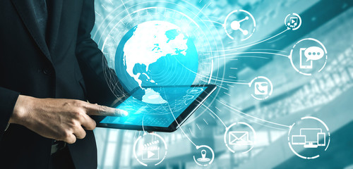 Social media and young people network concept. Modern graphic interface showing online social connection network and media channels to engage customer interaction in the digital business.