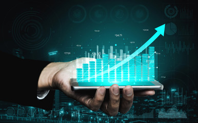 Double Exposure Image of Business and Finance - Businessman with report chart up forward to...