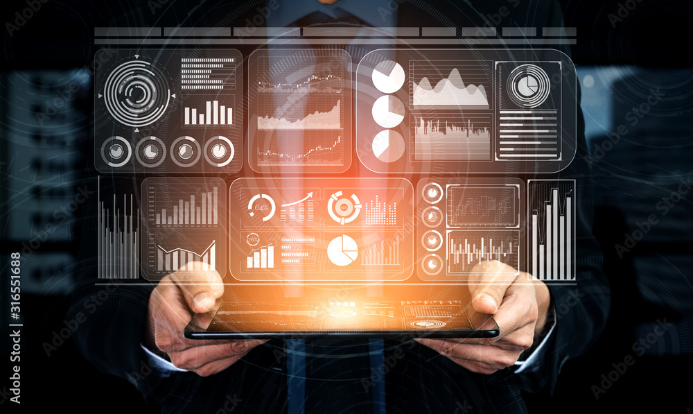 Poster big data technology for business finance analytic concept. modern graphic interface shows massive in