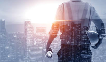 Future building construction engineering project concept with double exposure graphic design. Building engineer, architect people or construction worker working with modern civil equipment technology.