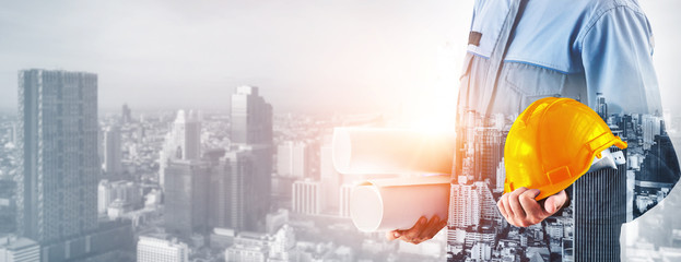 Future building construction engineering project concept with double exposure graphic design....