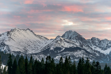 Views on Tatra Mountain in winter scenery from Zab Village