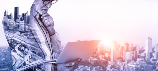 Future building construction engineering project concept with double exposure graphic design. Building engineer, architect people or construction worker working with modern civil equipment technology.