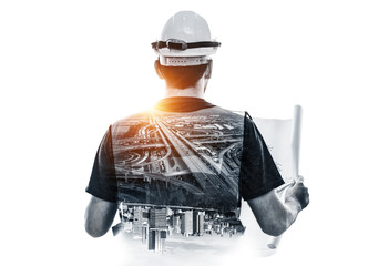 Future building construction engineering project concept with double exposure graphic design....