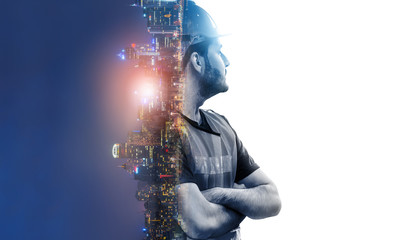 Future building construction engineering project concept with double exposure graphic design....