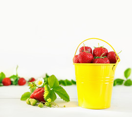 Juicy ripe tasty strawberries in  yellow metal bucket on white wooden table