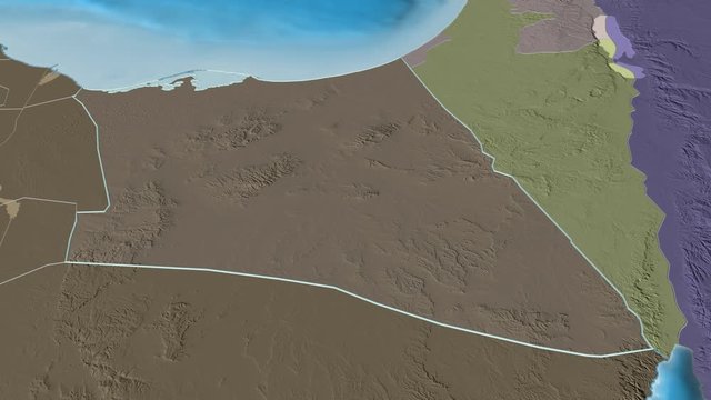 Shamal Sina', governorate with its capital, zoomed and extruded on the administrative map of Egypt in the conformal Stereographic projection. Animation 3D