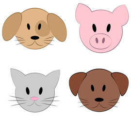 Set of vector faces of animals. Cartoon icons of domestic pets. Isolated animal faces on white background