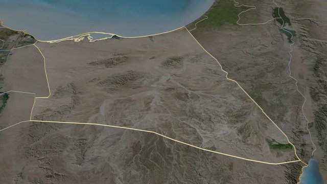 Shamal Sina', governorate with its capital, zoomed and extruded on the satellite map of Egypt in the conformal Stereographic projection. Animation 3D