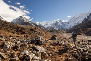 Fototapeta na wymiar A trekker in Nepal looking to Island Peak summit in Everest Region, Nepal