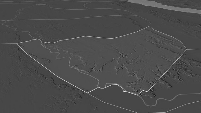 Suhaj, governorate with its capital, zoomed and extruded on the bilevel map of Egypt in the conformal Stereographic projection. Animation 3D