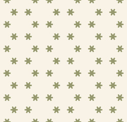 Green vector seamless pattern with tiny geometric flowers, snowflakes, stars. Simple abstract minimal texture. Natural organic style background. Repeatable design for decor, fabric, packaging, prints