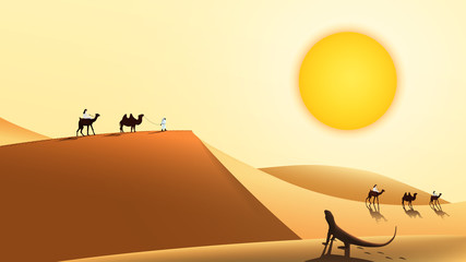 Desert landscape with a caravan of camels and people walking along the sand dunes. Lizard sits under the hot sun. Vector illustration.
