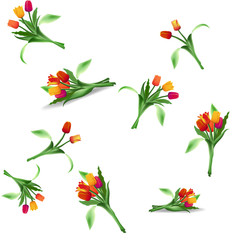 Seamless floral pattern of bouquets of realistic tulips. Blooming bright flowers. Red, yellow and purple buds. Vector.