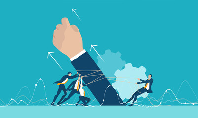 Team of business people holding up a hand together symbolising success, strength and power. Business concept illustration. 