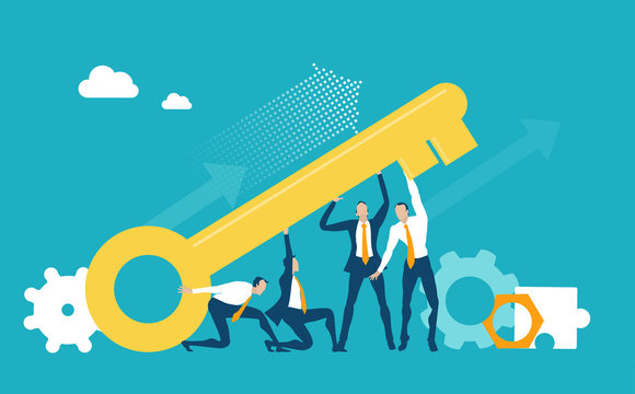 Team of business people holding up a golden key together symbolising success, strength and power. Business concept illustration. 