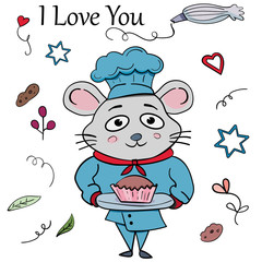 Rat cook in blue uniform. Cartoon vector. Vector illustration
