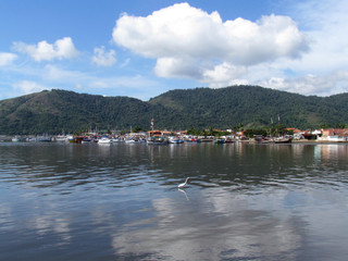 Fototapeta na wymiar Anchored tour boats. The Paraty region is full of small anchorages.