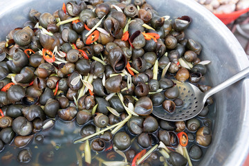 A bowl of fresh snails in a street food market in Da Lat in Vietnam.